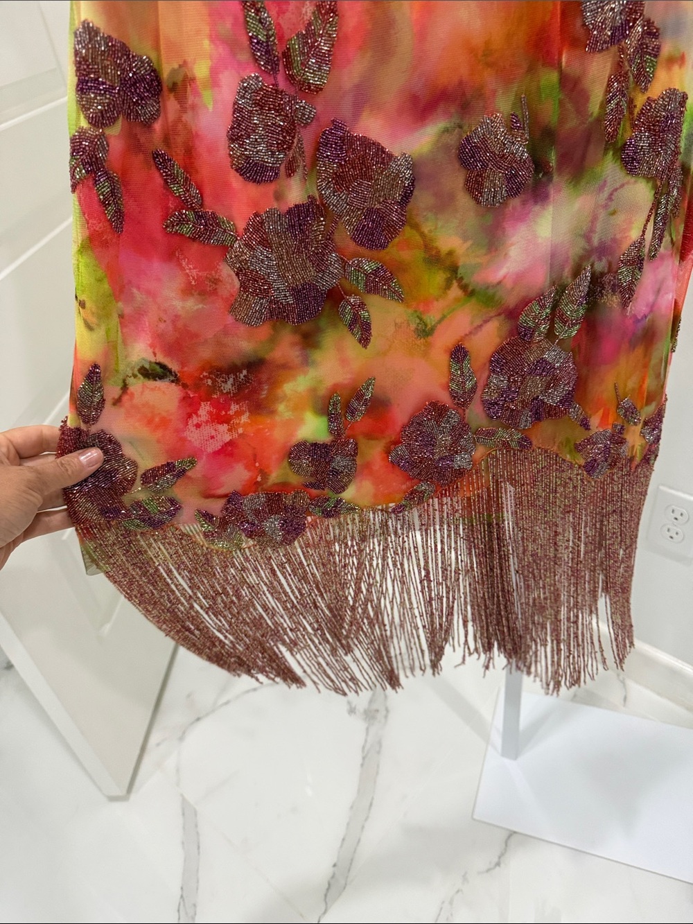 Theia Orange Pink Floral Halter Midi Dress with Fringe - Picture 10 of 11
